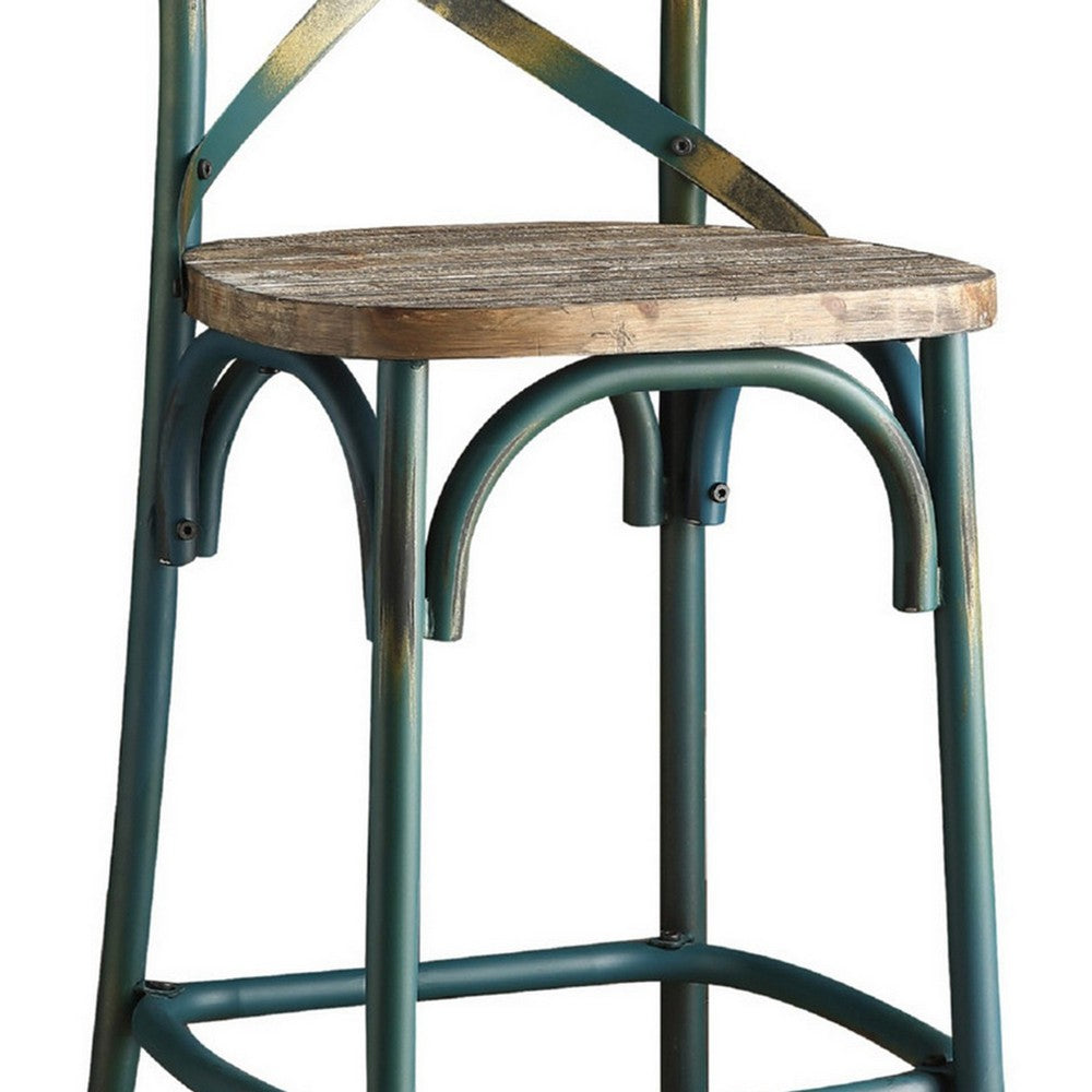 Benjara Chad 29 Inch Modern Bar Height Chair, Footrest, X Backrest, Green, Oak Wood