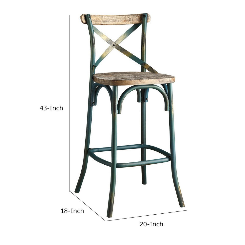 Benjara Chad 29 Inch Modern Bar Height Chair, Footrest, X Backrest, Green, Oak Wood