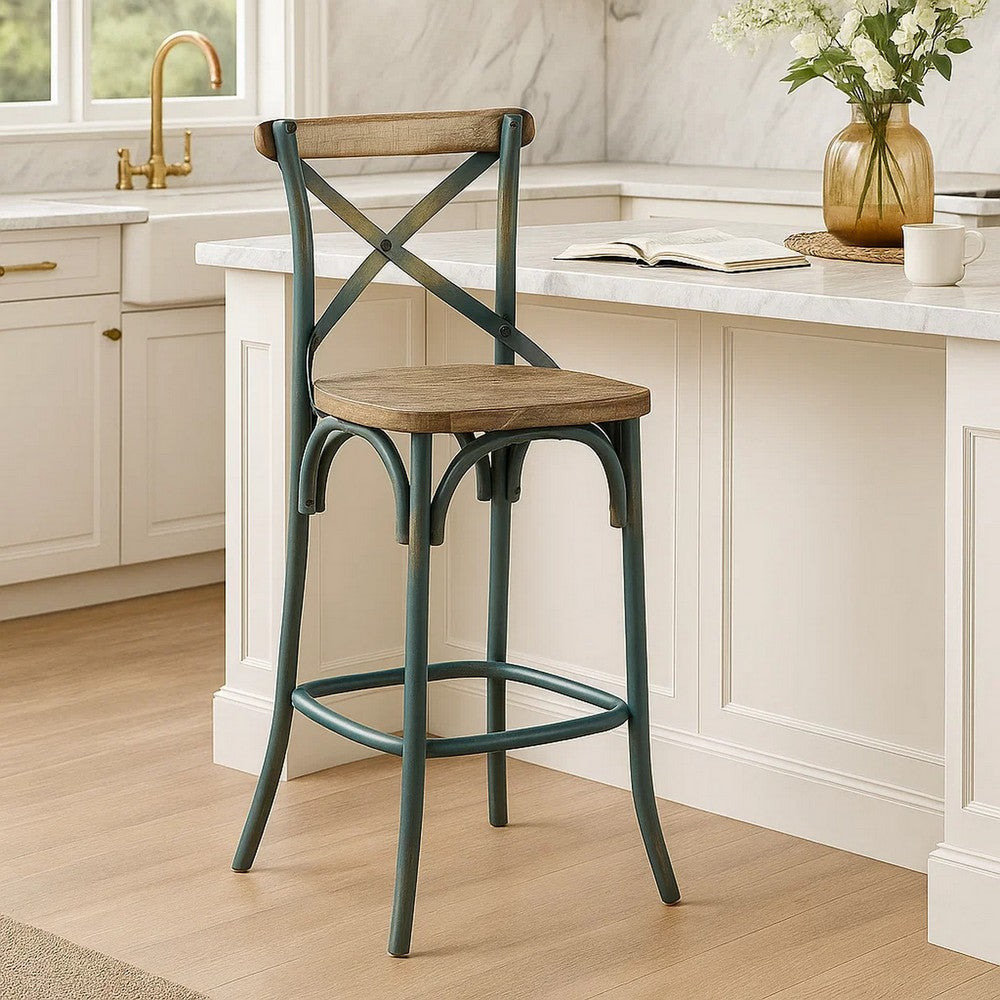 Benjara Chad 29 Inch Modern Bar Height Chair, Footrest, X Backrest, Green, Oak Wood