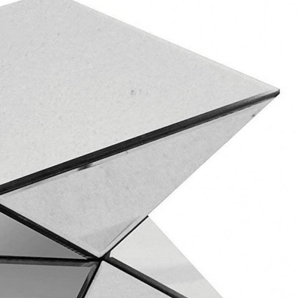 Benjara 20 Inch Modern End Table, Square Mirror Top, Silver Geometric Pedestal Base