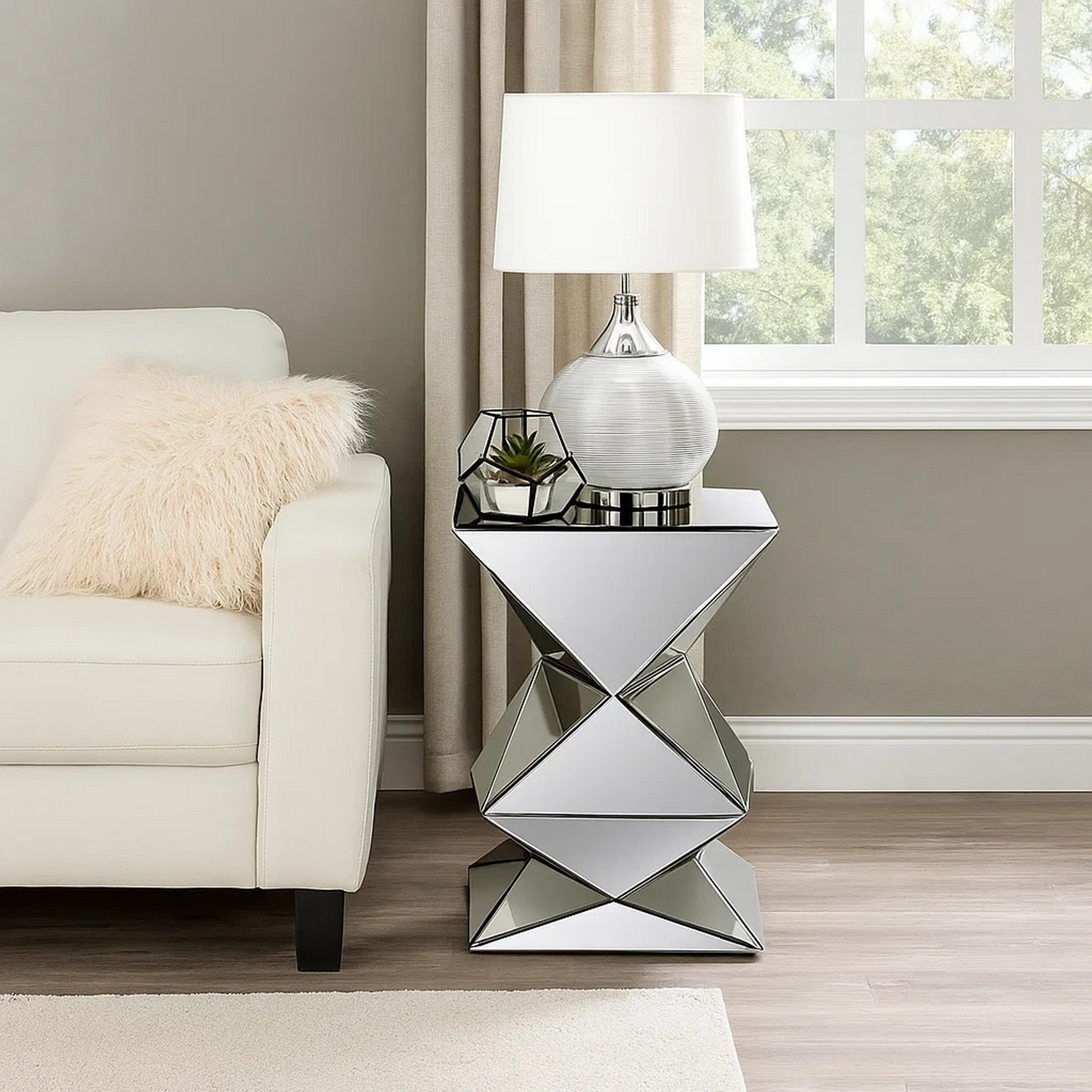 Benjara 20 Inch Modern End Table, Square Mirror Top, Silver Geometric Pedestal Base