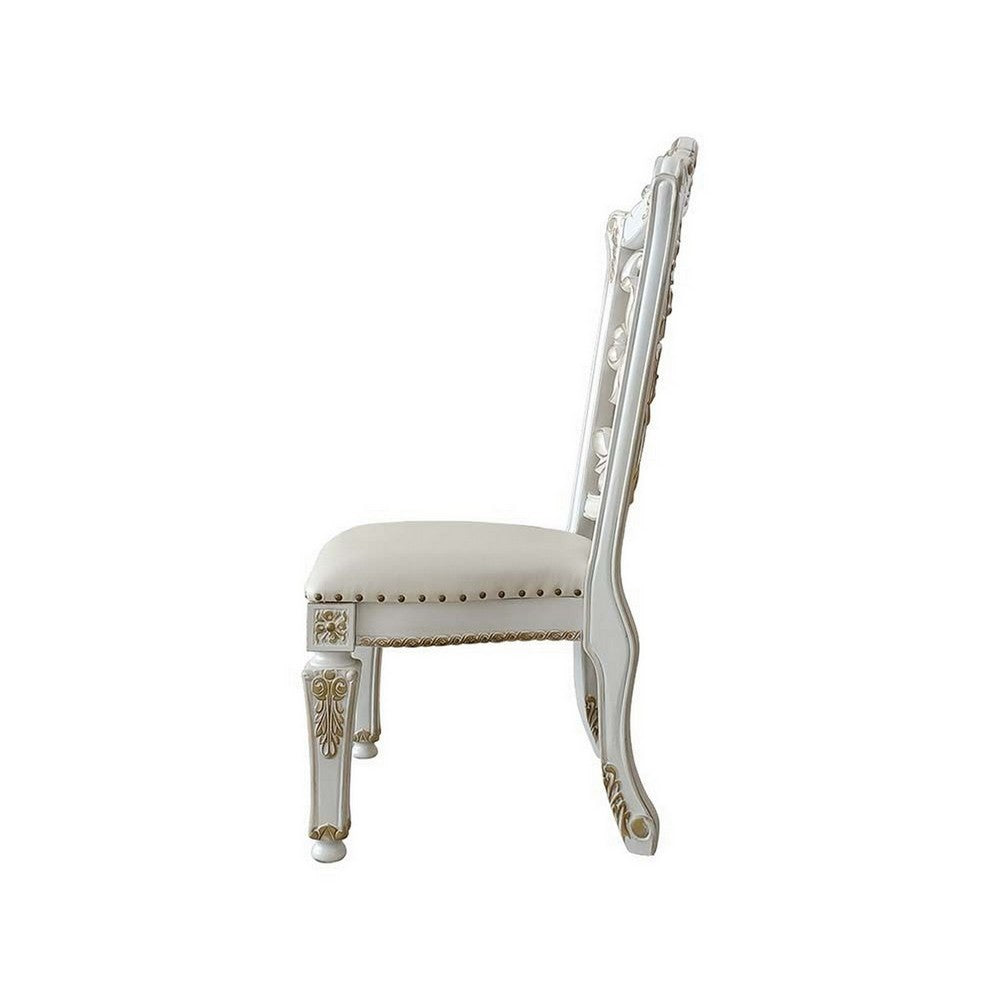 Benjara Jess 27 Inch Dining Chair, Nailhead Trim, Set of 2, Faux Leather, White