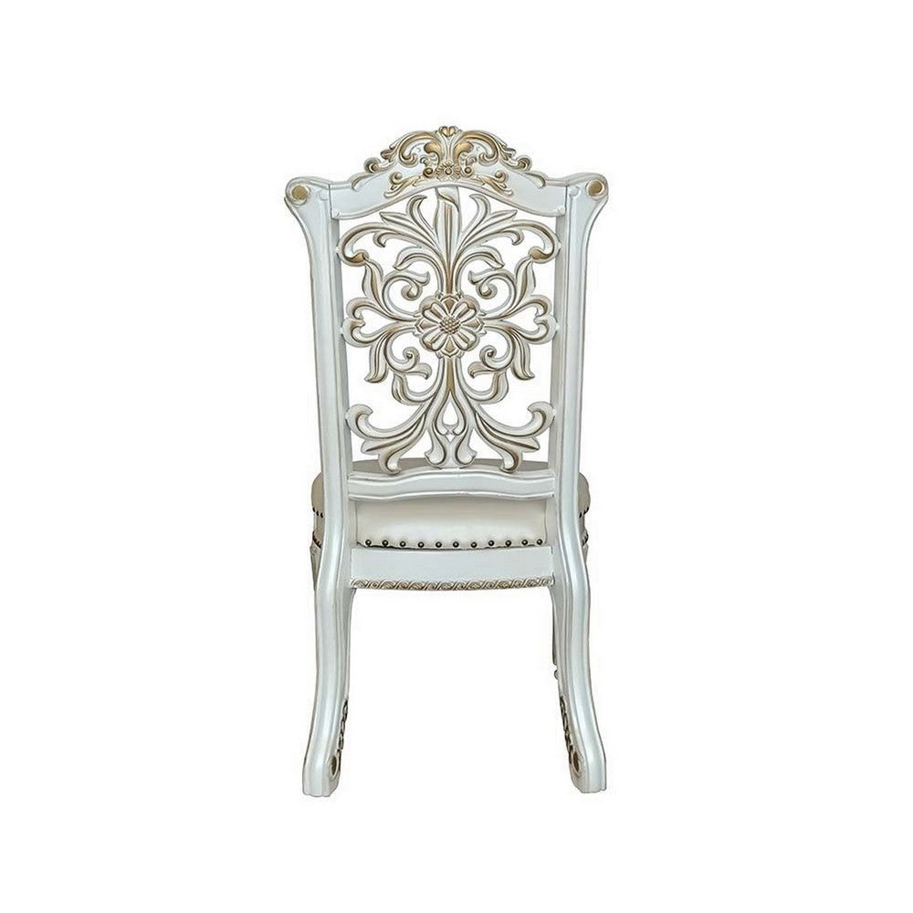 Benjara Jess 27 Inch Dining Chair, Nailhead Trim, Set of 2, Faux Leather, White