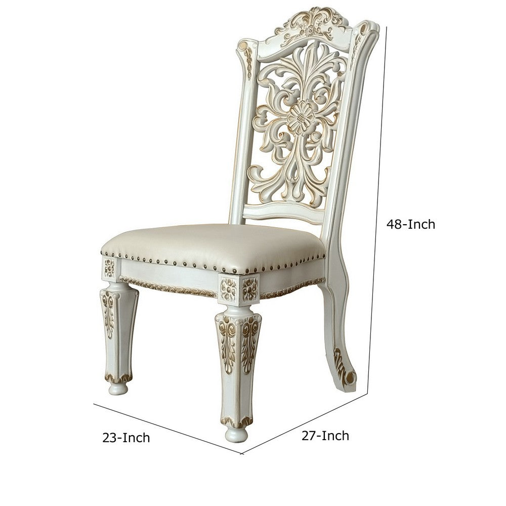 Benjara Jess 27 Inch Dining Chair, Nailhead Trim, Set of 2, Faux Leather, White