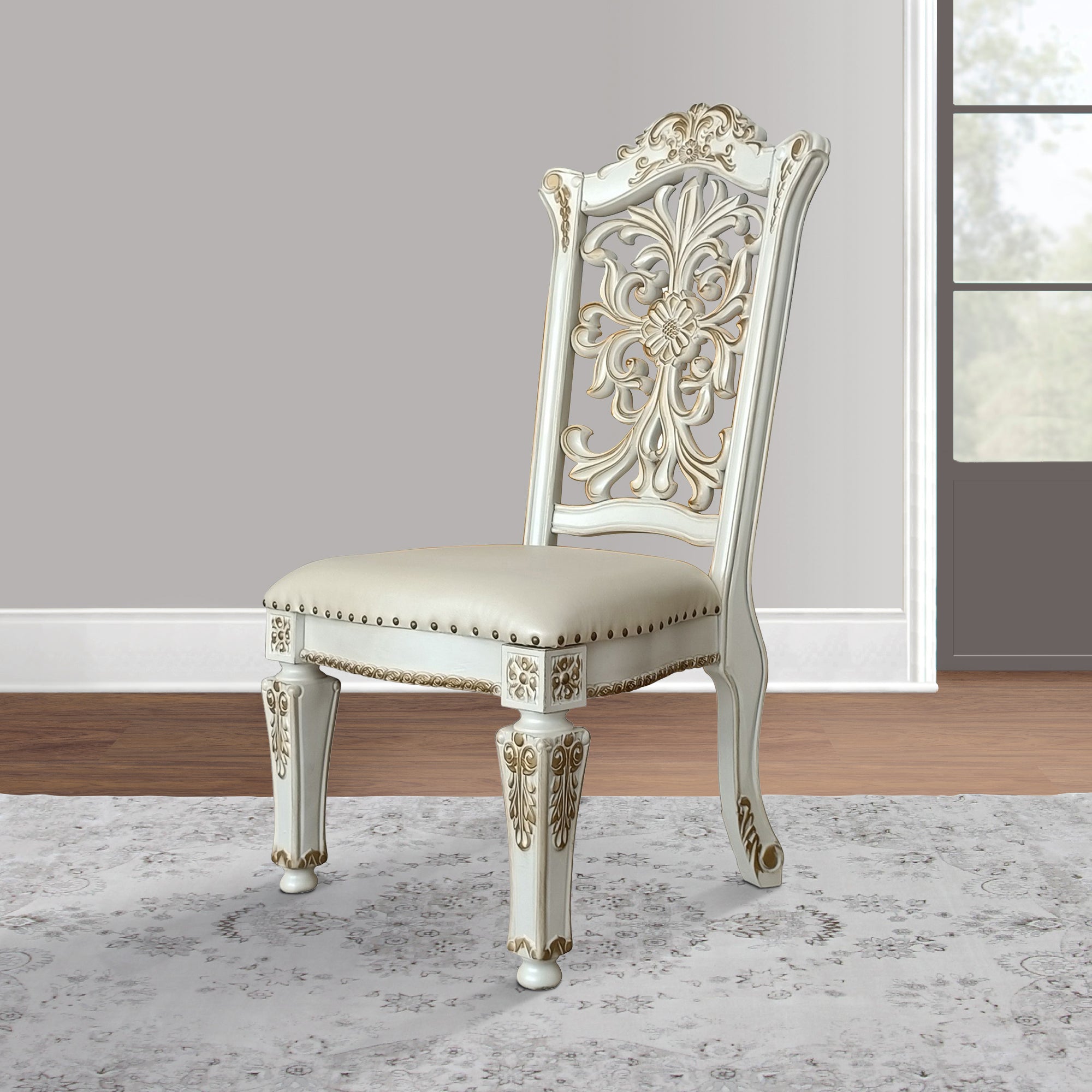 Benjara Jess 27 Inch Dining Chair, Nailhead Trim, Set of 2, Faux Leather, White