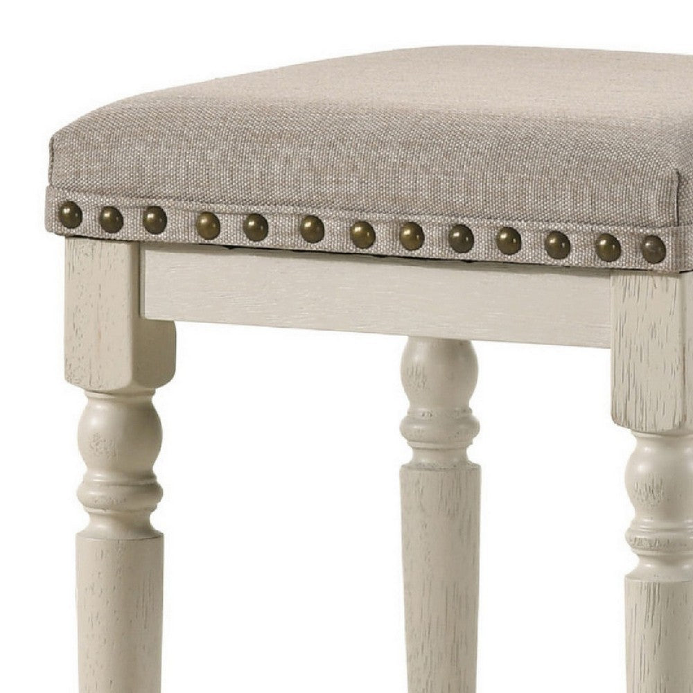 Benjara 24 Inch Counter Height Stool, Luxe Nailhead Trim, Set of 2, Antique White