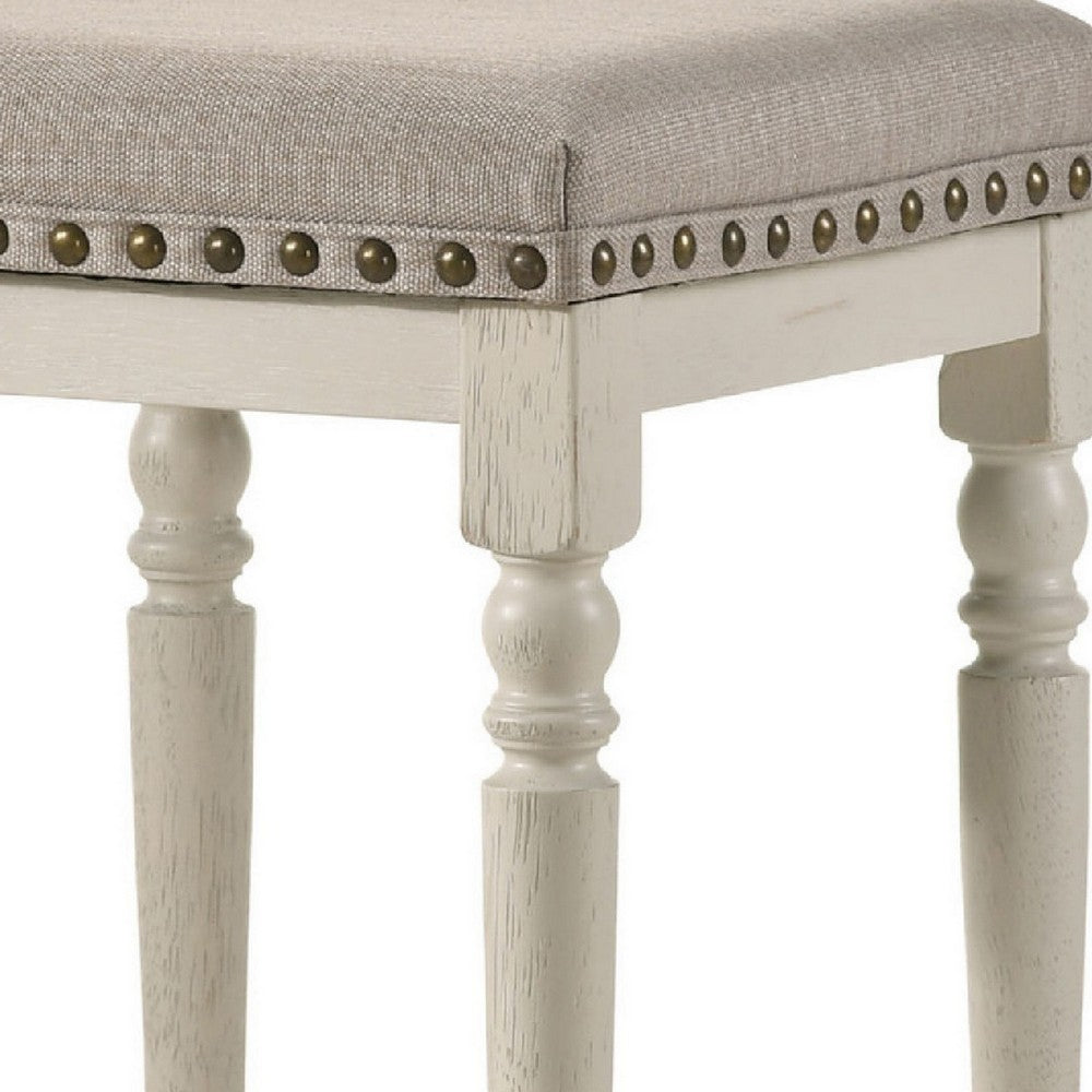 Benjara 24 Inch Counter Height Stool, Luxe Nailhead Trim, Set of 2, Antique White