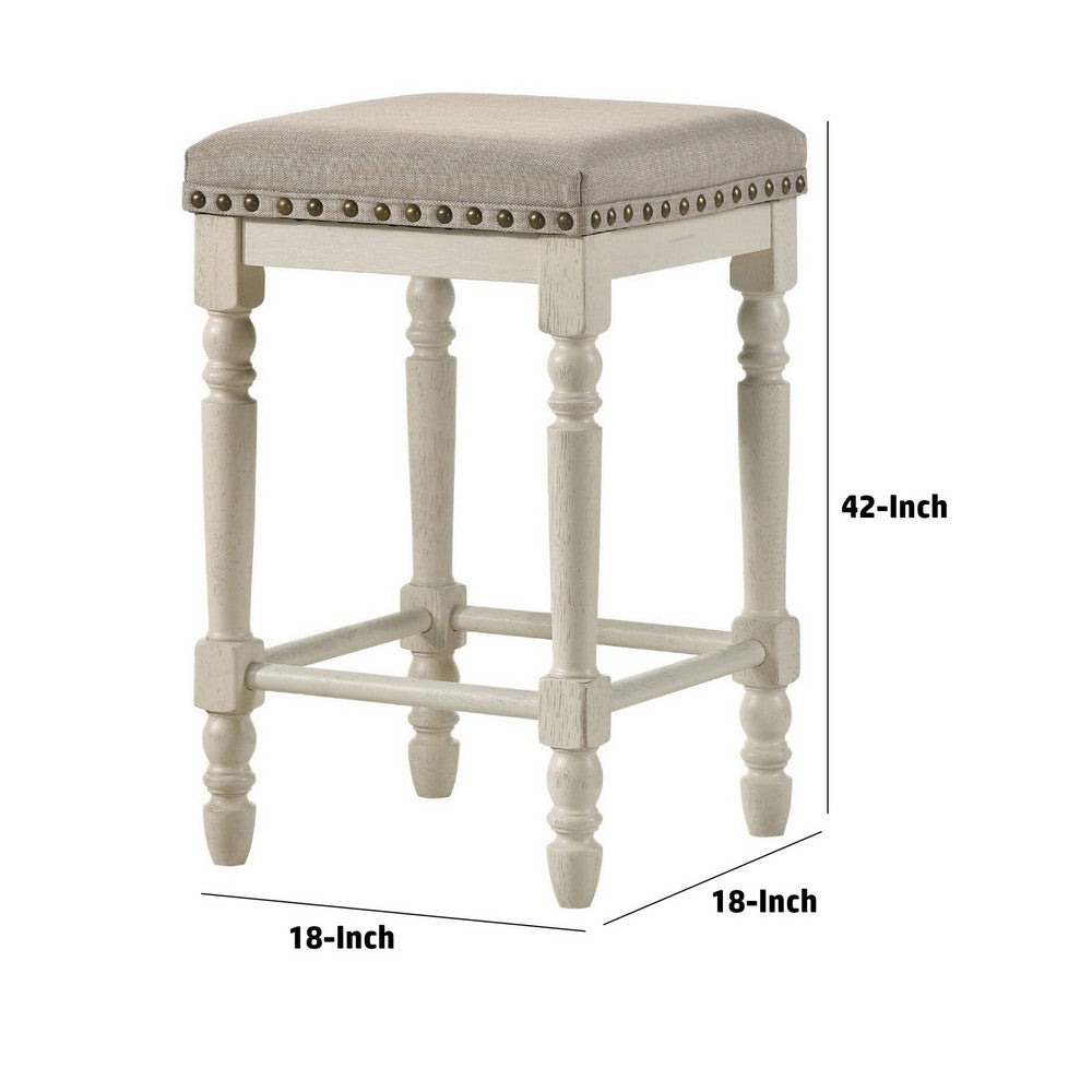 Benjara 24 Inch Counter Height Stool, Luxe Nailhead Trim, Set of 2, Antique White