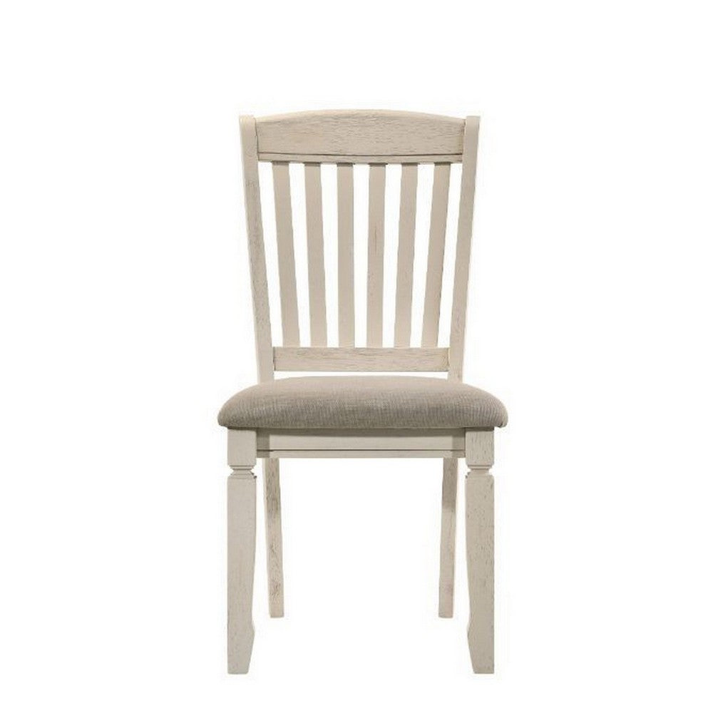 Benjara 18 Inch Dining Chair, Fabric Padded Seat, Slatted, Set of 2, Antique White