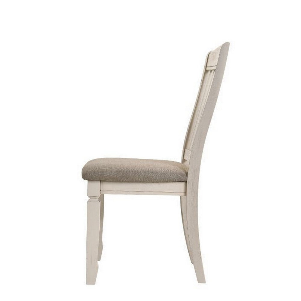 Benjara 18 Inch Dining Chair, Fabric Padded Seat, Slatted, Set of 2, Antique White