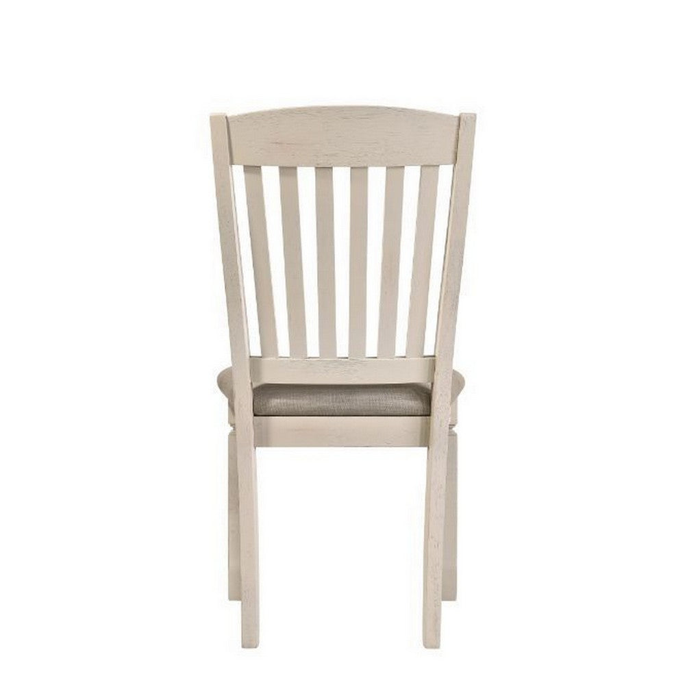 Benjara 18 Inch Dining Chair, Fabric Padded Seat, Slatted, Set of 2, Antique White