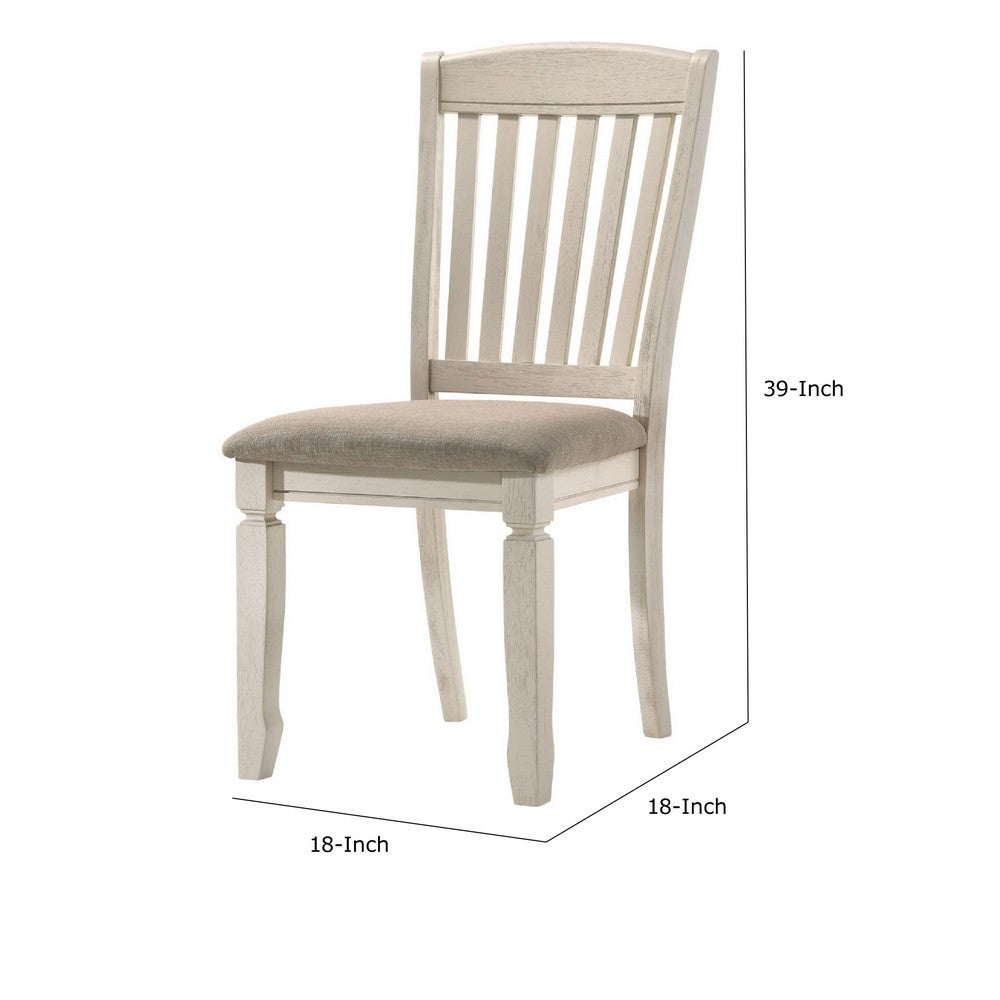 Benjara 18 Inch Dining Chair, Fabric Padded Seat, Slatted, Set of 2, Antique White