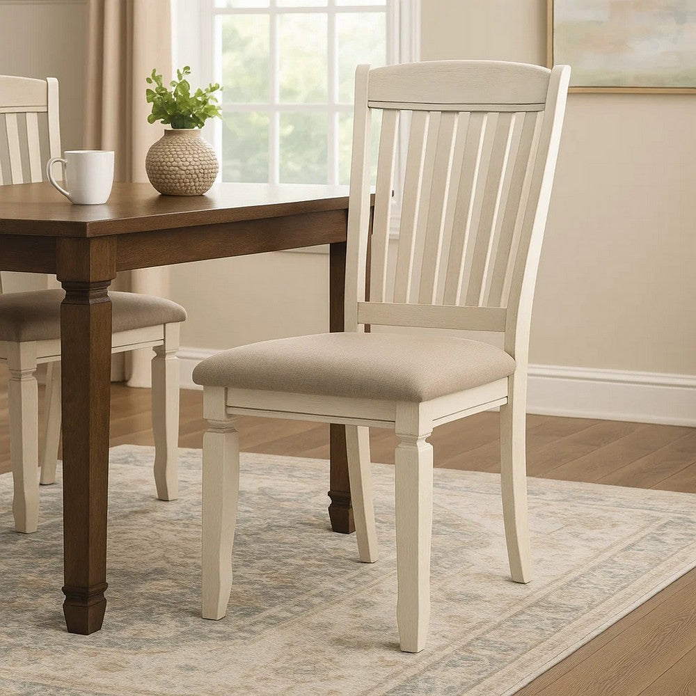 Benjara 18 Inch Dining Chair, Fabric Padded Seat, Slatted, Set of 2, Antique White