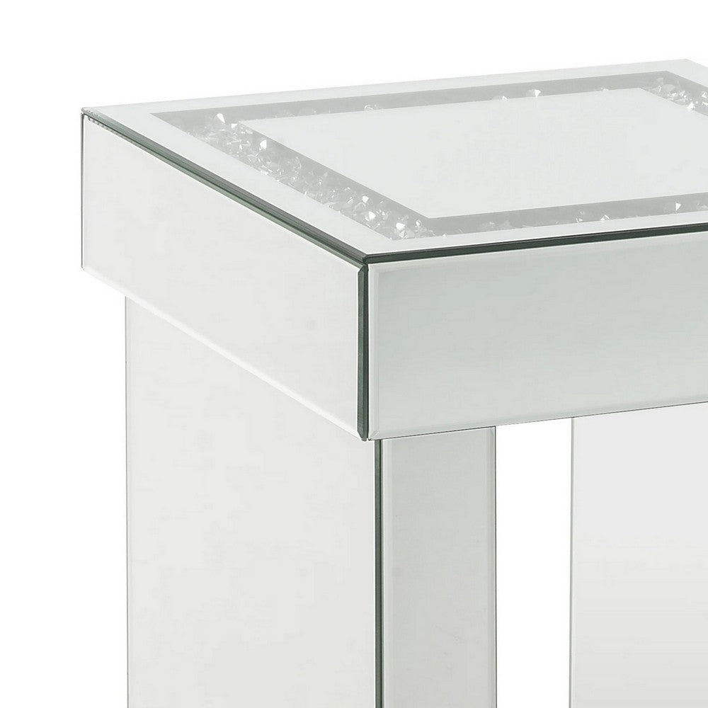 Benjara Noe 24 Inch Square End Accent Table, Mirrored, Faux Diamond Inlay, Silver