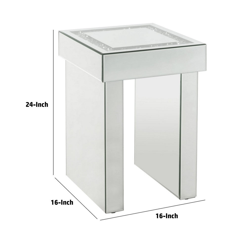 Benjara Noe 24 Inch Square End Accent Table, Mirrored, Faux Diamond Inlay, Silver