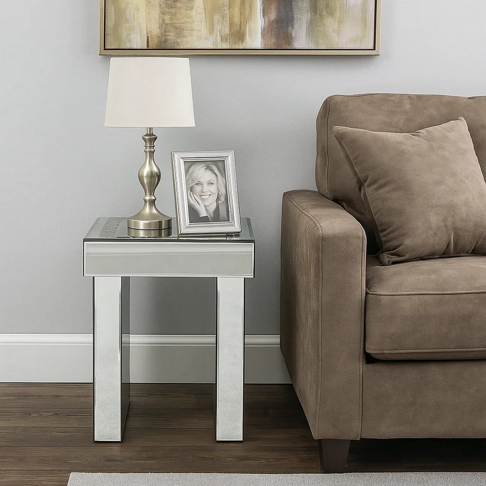 Benjara Noe 24 Inch Square End Accent Table, Mirrored, Faux Diamond Inlay, Silver