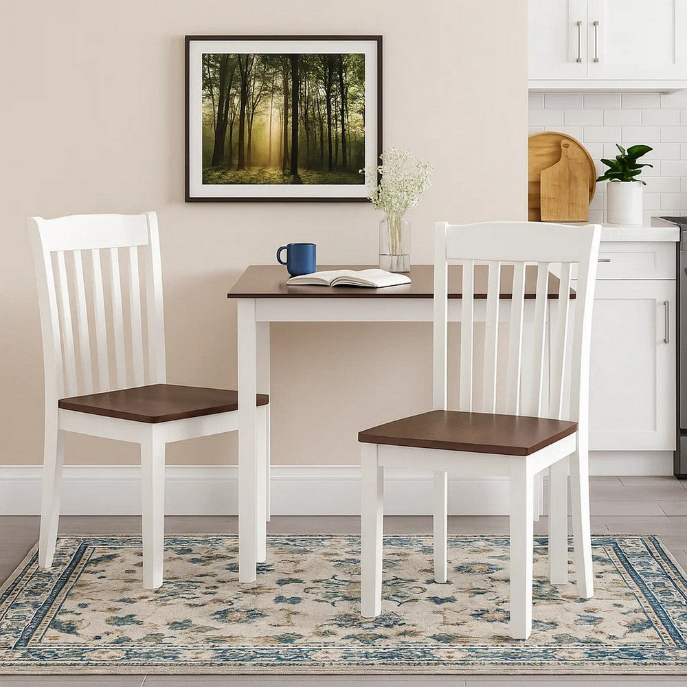 Benjara 22 Inch Solid Wood Side Chair, Classic, Slatted, Set of 2, White, Brown