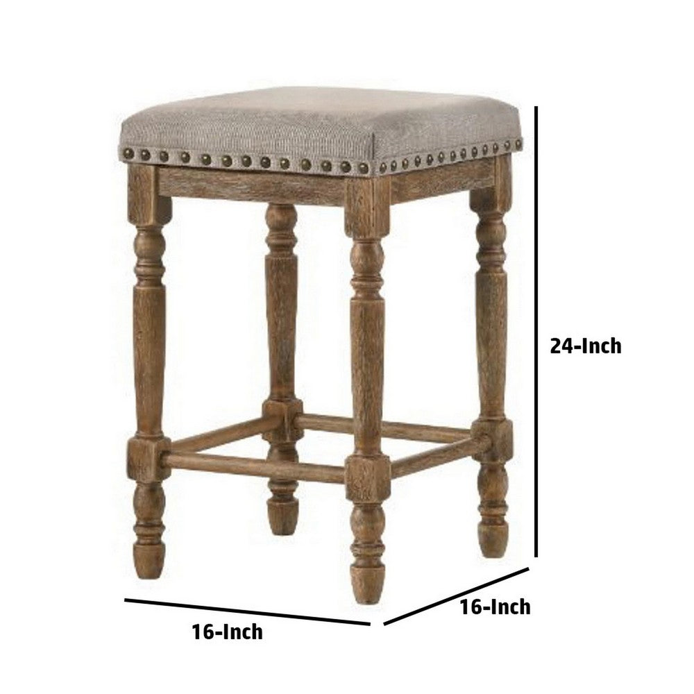 Benjara 24 Inch Classic Wood Counter Height Stool, Upholstered, Set of 2, Gray
