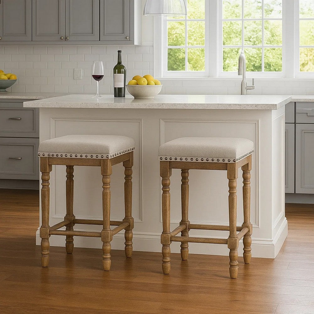 Benjara 24 Inch Classic Wood Counter Height Stool, Upholstered, Set of 2, Gray