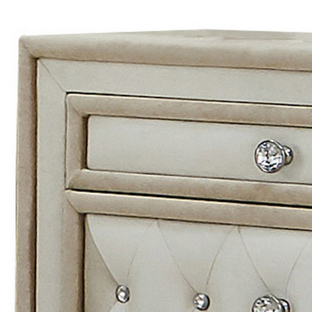 Benjara Matt 30 Inch Modern Nightstand, 3 Drawers, Velvet Tufted, Ivory Light Brown
