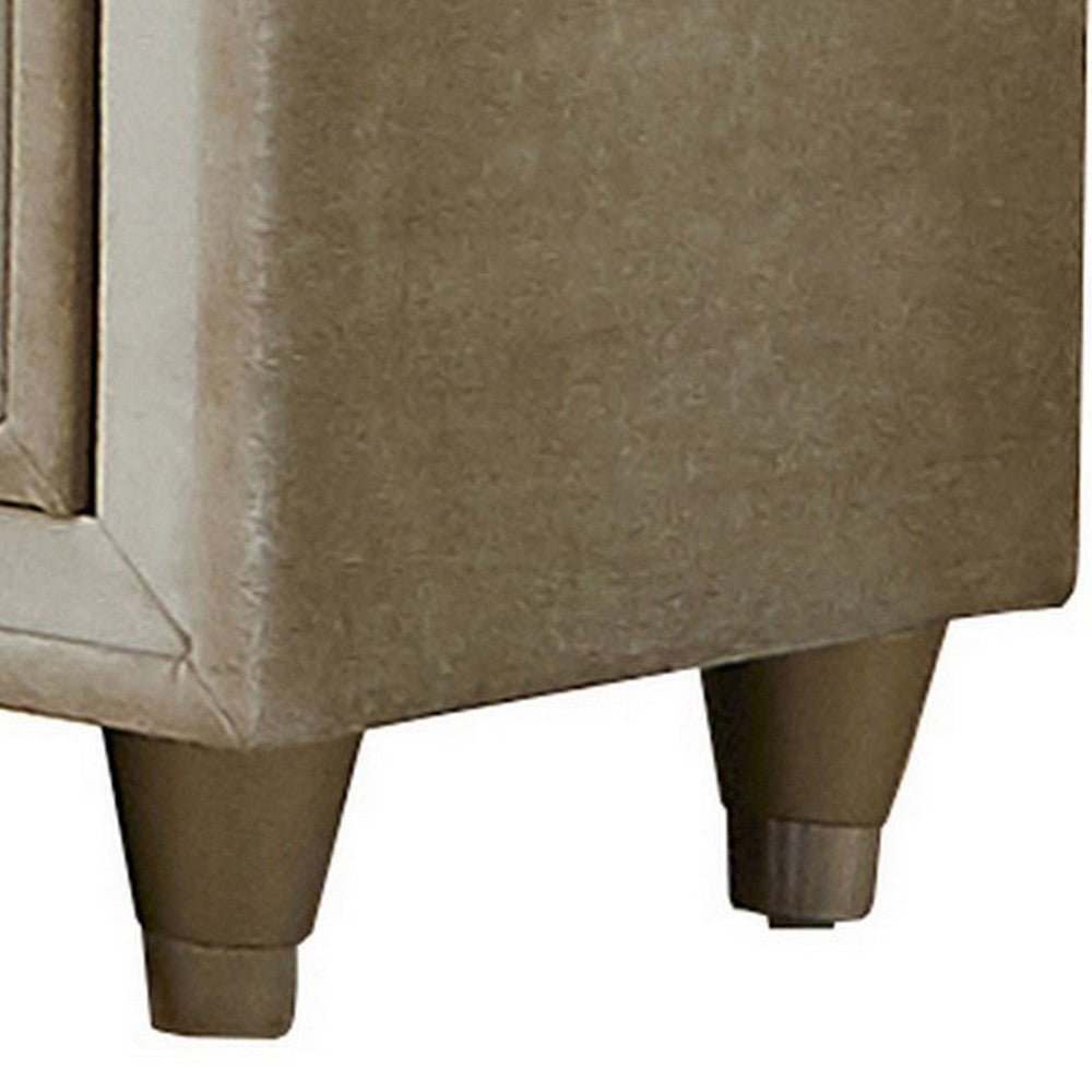 Benjara Matt 30 Inch Modern Nightstand, 3 Drawers, Velvet Tufted, Ivory Light Brown