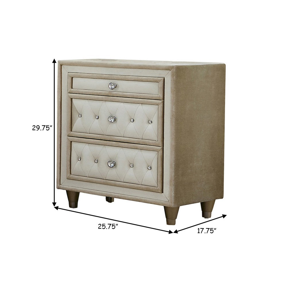 Benjara Matt 30 Inch Modern Nightstand, 3 Drawers, Velvet Tufted, Ivory Light Brown