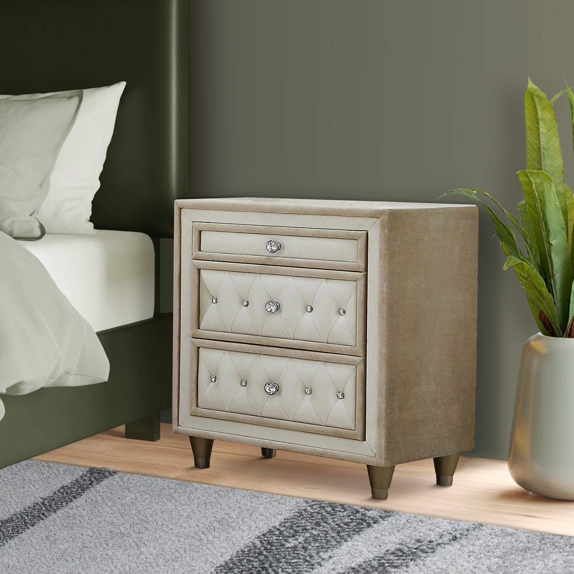 Benjara Matt 30 Inch Modern Nightstand, 3 Drawers, Velvet Tufted, Ivory Light Brown