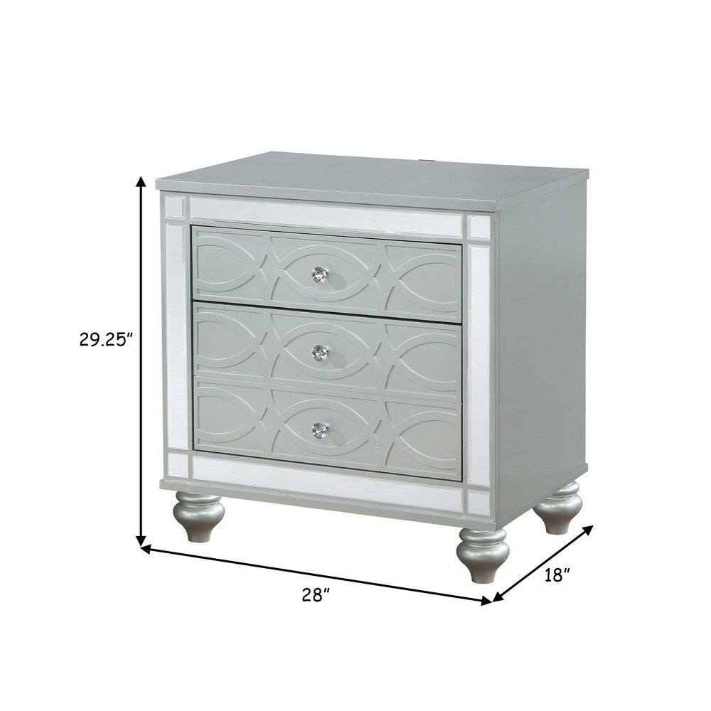 Benjara Gina 29 Inch Modern Glam Nightstand, Round Crystal Knobs, USB Ports, Silver