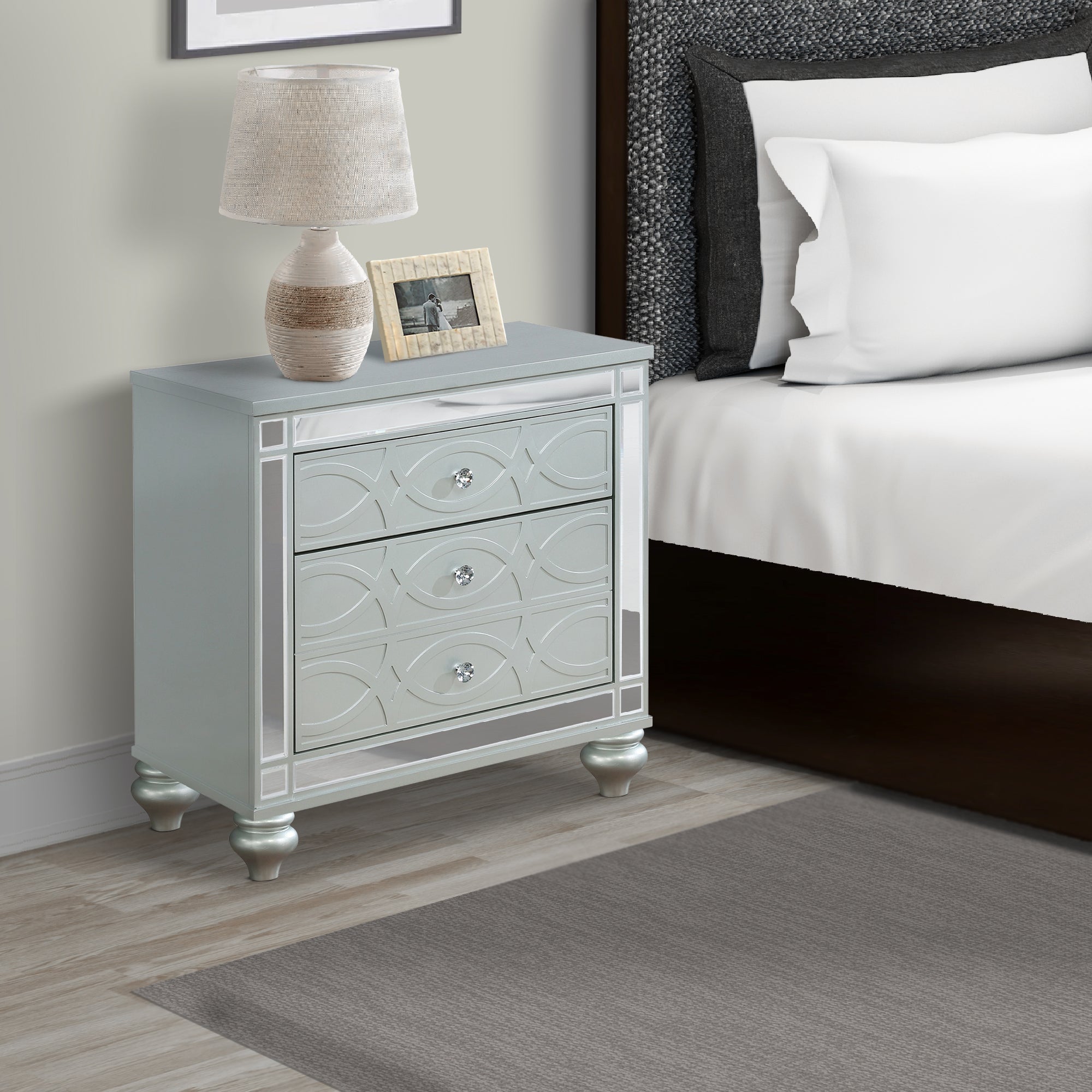 Benjara Gina 29 Inch Modern Glam Nightstand, Round Crystal Knobs, USB Ports, Silver