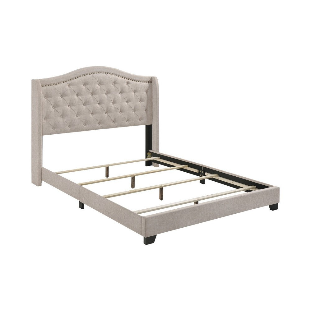 Benjara Queen Size Bed, Beige Fabric Upholstered, Camel Back, Button Tufted