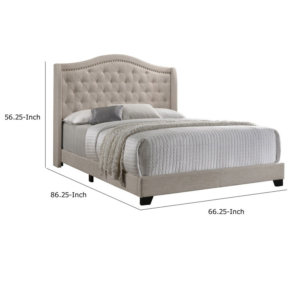 Benjara Queen Size Bed, Beige Fabric Upholstered, Camel Back, Button Tufted