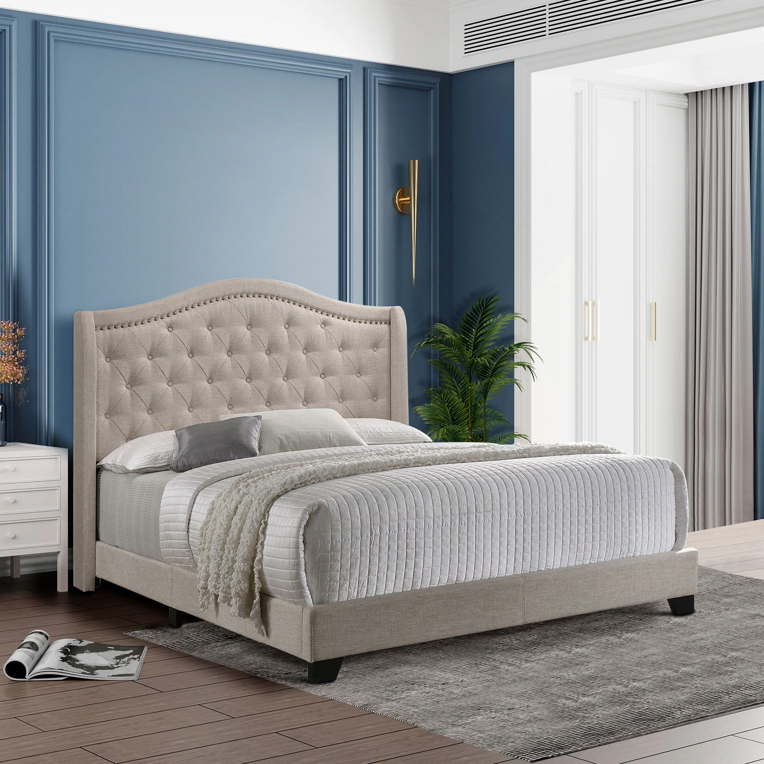 Benjara Queen Size Bed, Beige Fabric Upholstered, Camel Back, Button Tufted