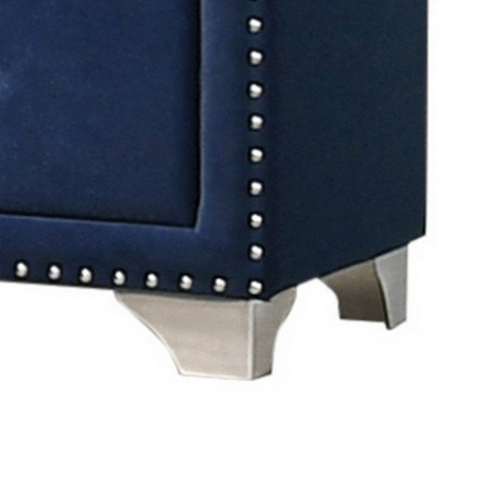 Benjara Cale 26 Inch Modern Wood Nightstand, Velvet Upholstered, Nailhead, Blue