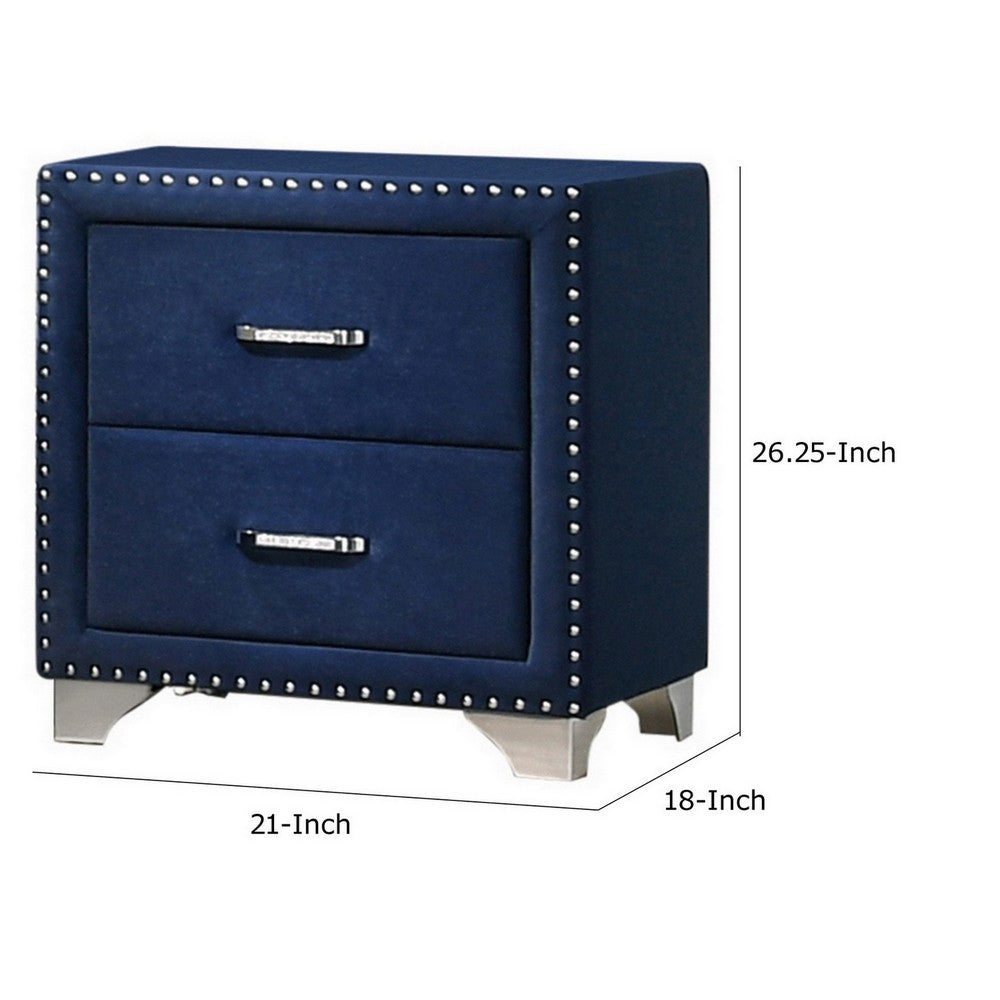 Benjara Cale 26 Inch Modern Wood Nightstand, Velvet Upholstered, Nailhead, Blue