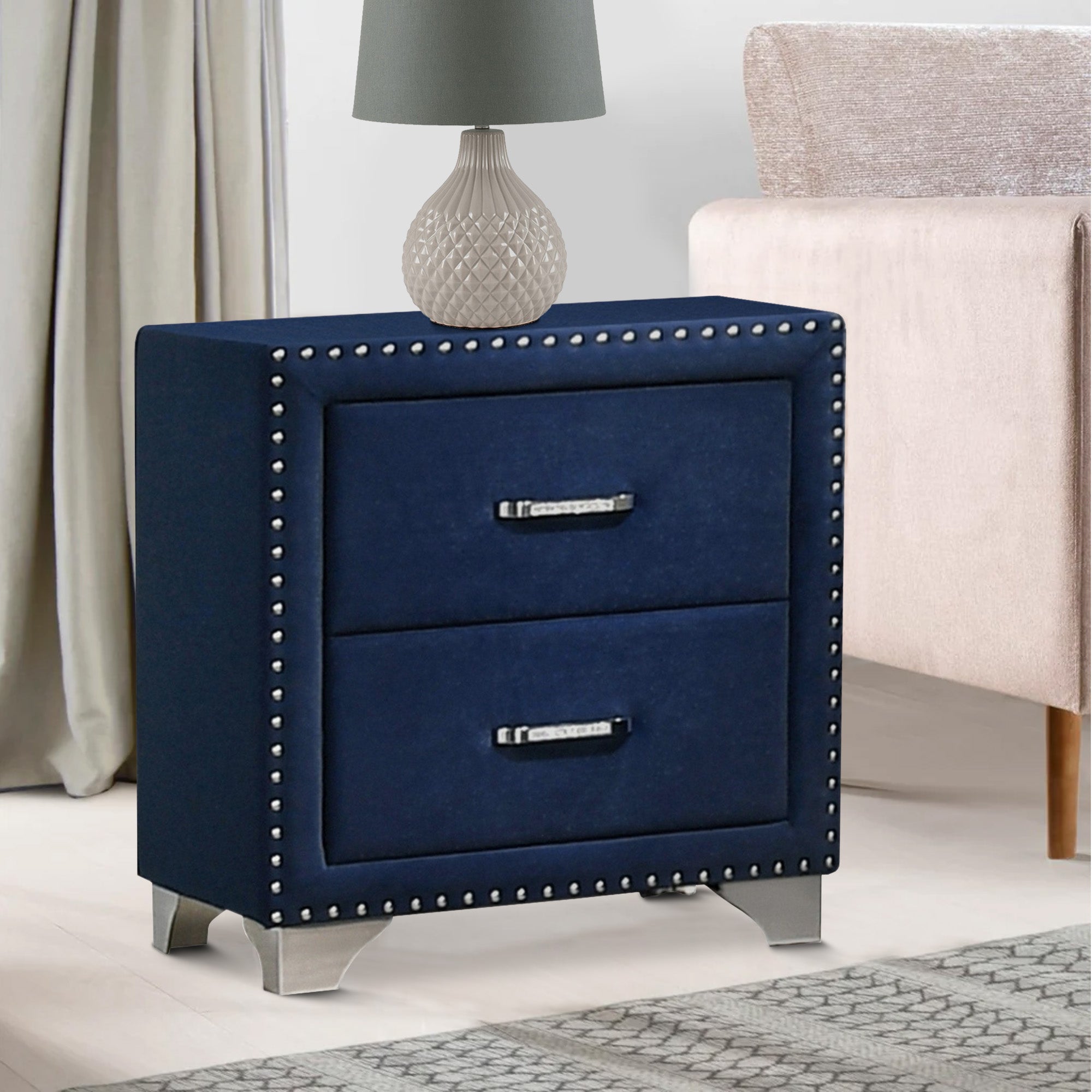 Benjara Cale 26 Inch Modern Wood Nightstand, Velvet Upholstered, Nailhead, Blue