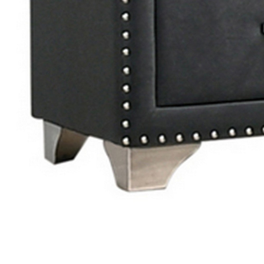 Benjara Cale 26 Inch Modern Glam Wood Nightstand, Nailhead, Gray Velvet Upholstered