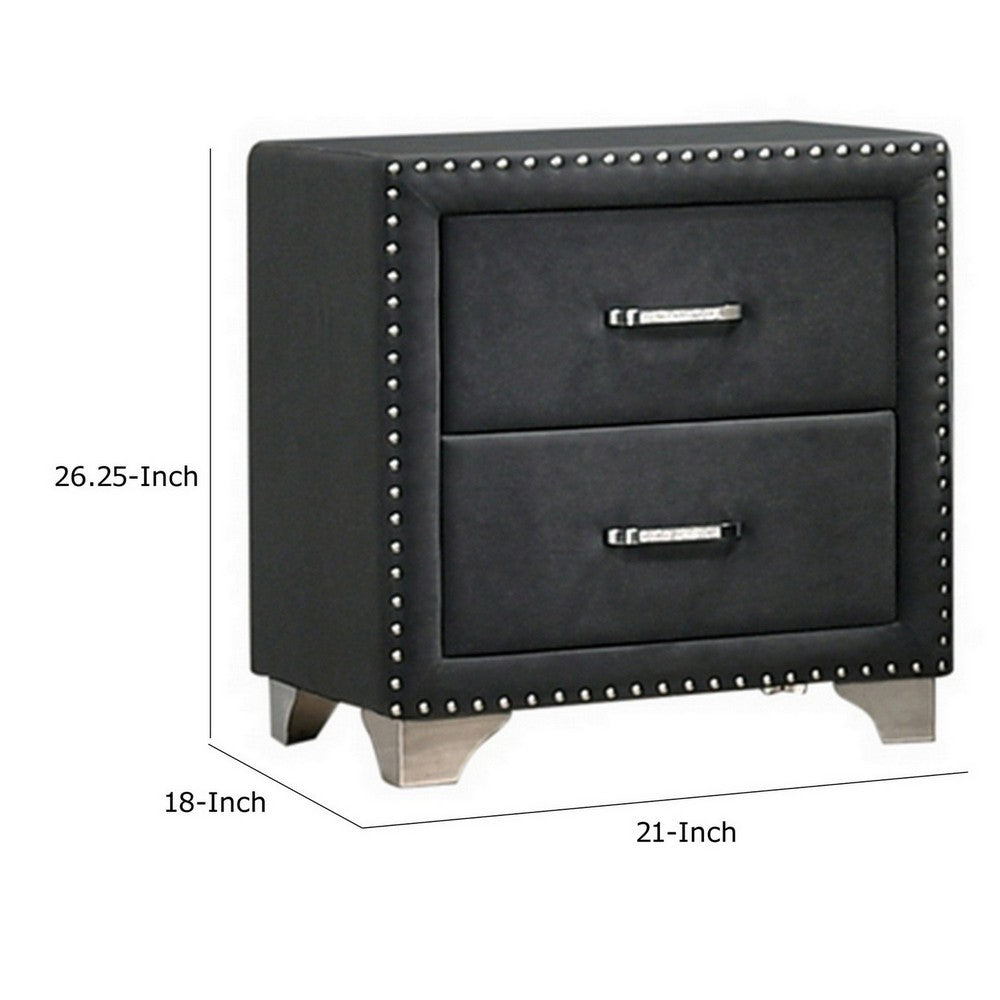 Benjara Cale 26 Inch Modern Glam Wood Nightstand, Nailhead, Gray Velvet Upholstered