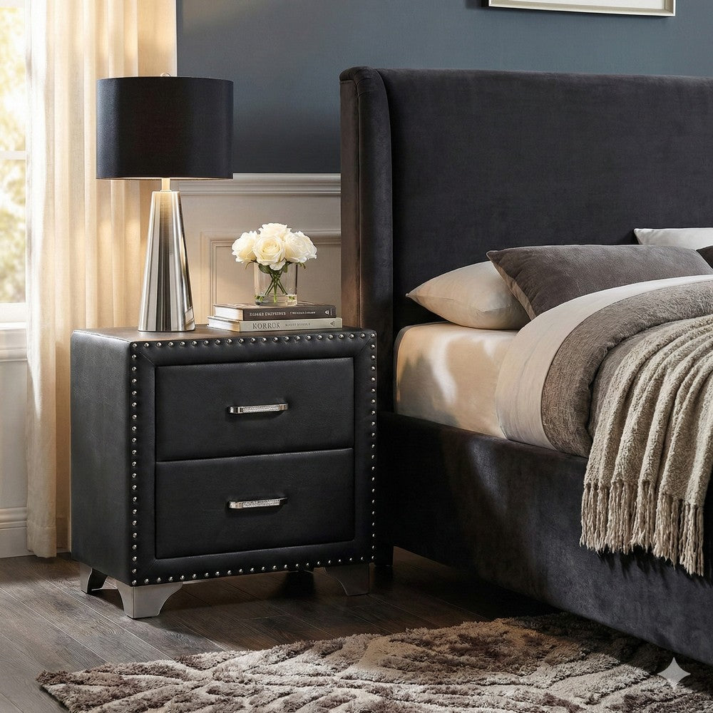 Benjara Cale 26 Inch Modern Glam Wood Nightstand, Nailhead, Gray Velvet Upholstered