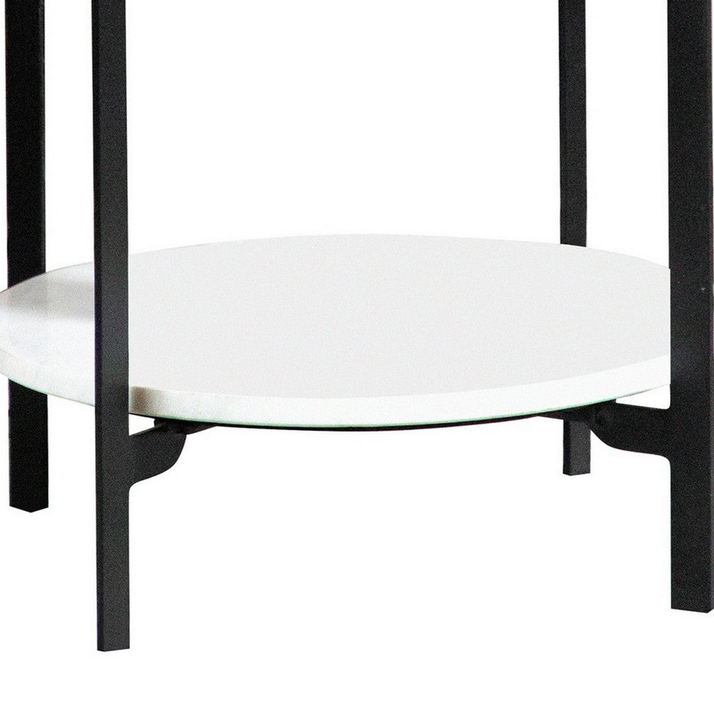 Benjara 24 Inch Modern End Accent Table, Round Marble Shelf, Wood, White, Brown