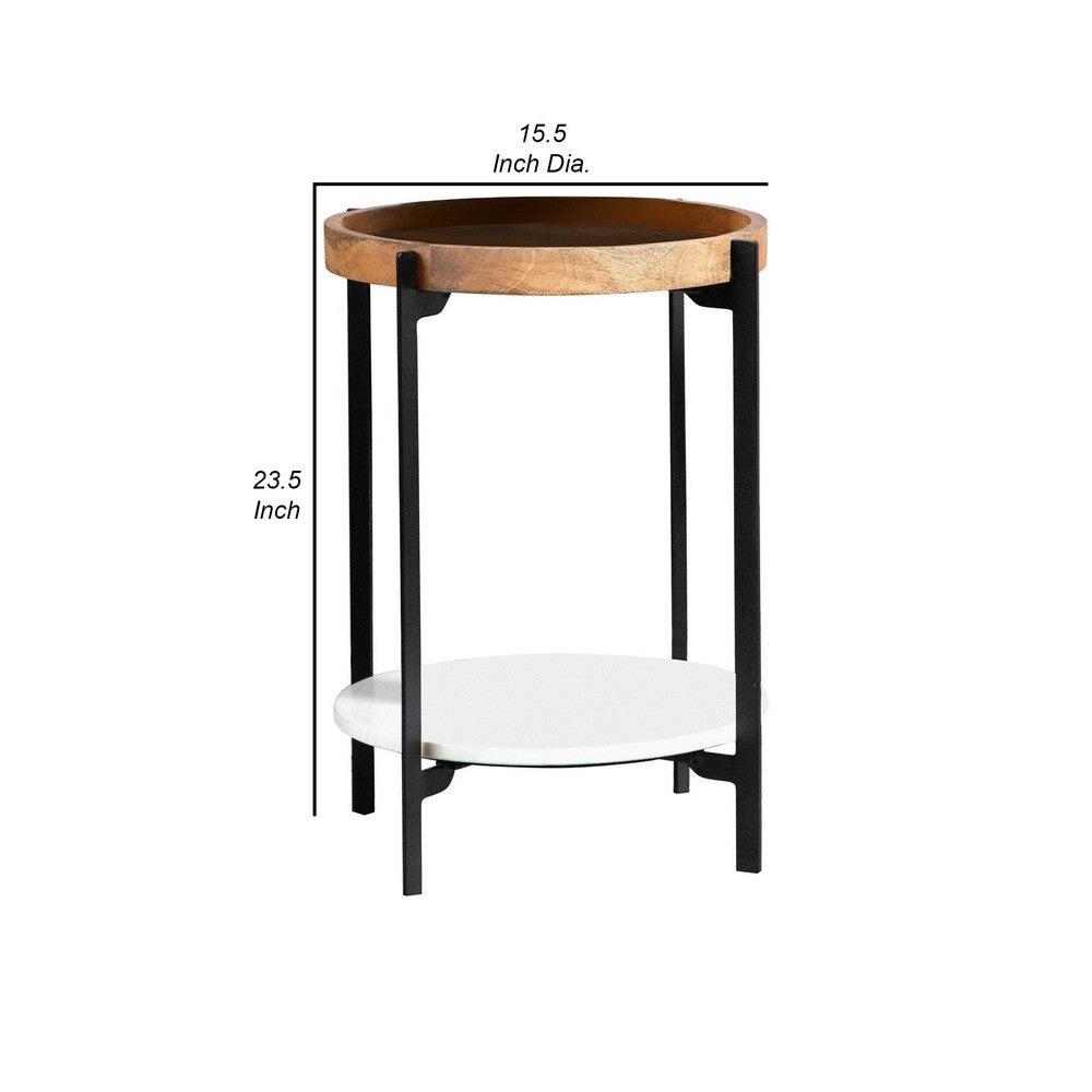 Benjara 24 Inch Modern End Accent Table, Round Marble Shelf, Wood, White, Brown