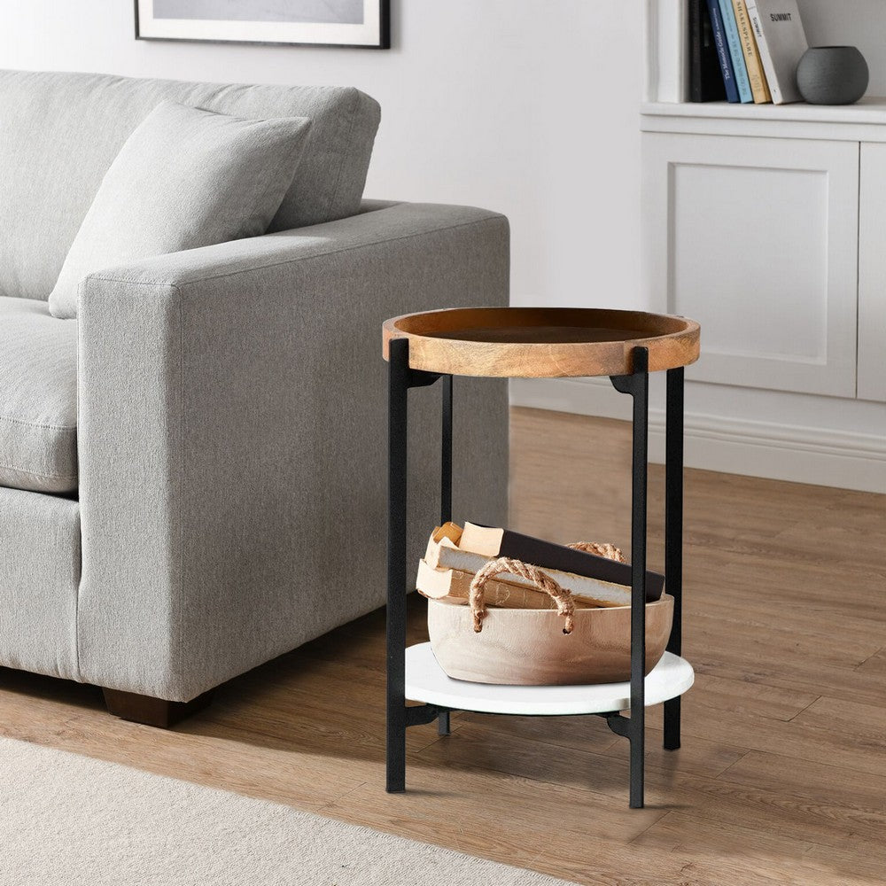 Benjara 24 Inch Modern End Accent Table, Round Marble Shelf, Wood, White, Brown