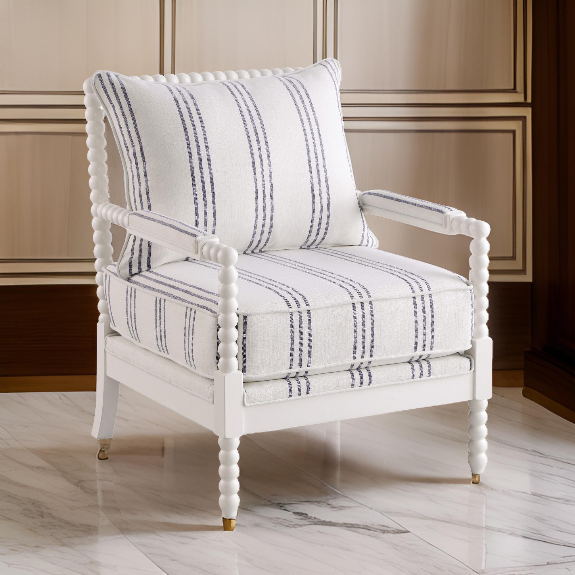Benjara 34 Inch Accent Chair, Reversible Pillow Backrest, Fabric, White, Navy