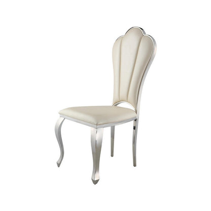 Benjara Kuri 23 Inch Dining Chair, Scalloped Back, Vegan Leather, Set of 2, Beige