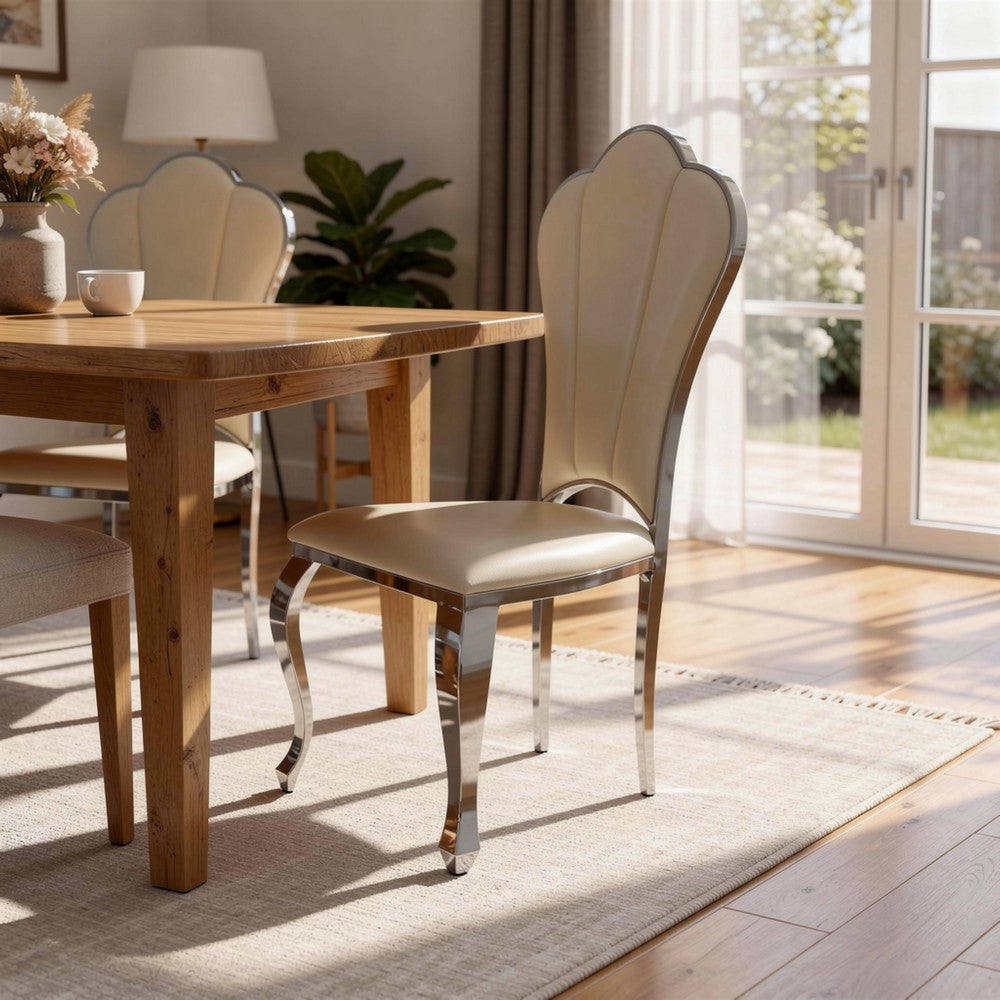 Benjara Kuri 23 Inch Dining Chair, Scalloped Back, Vegan Leather, Set of 2, Beige