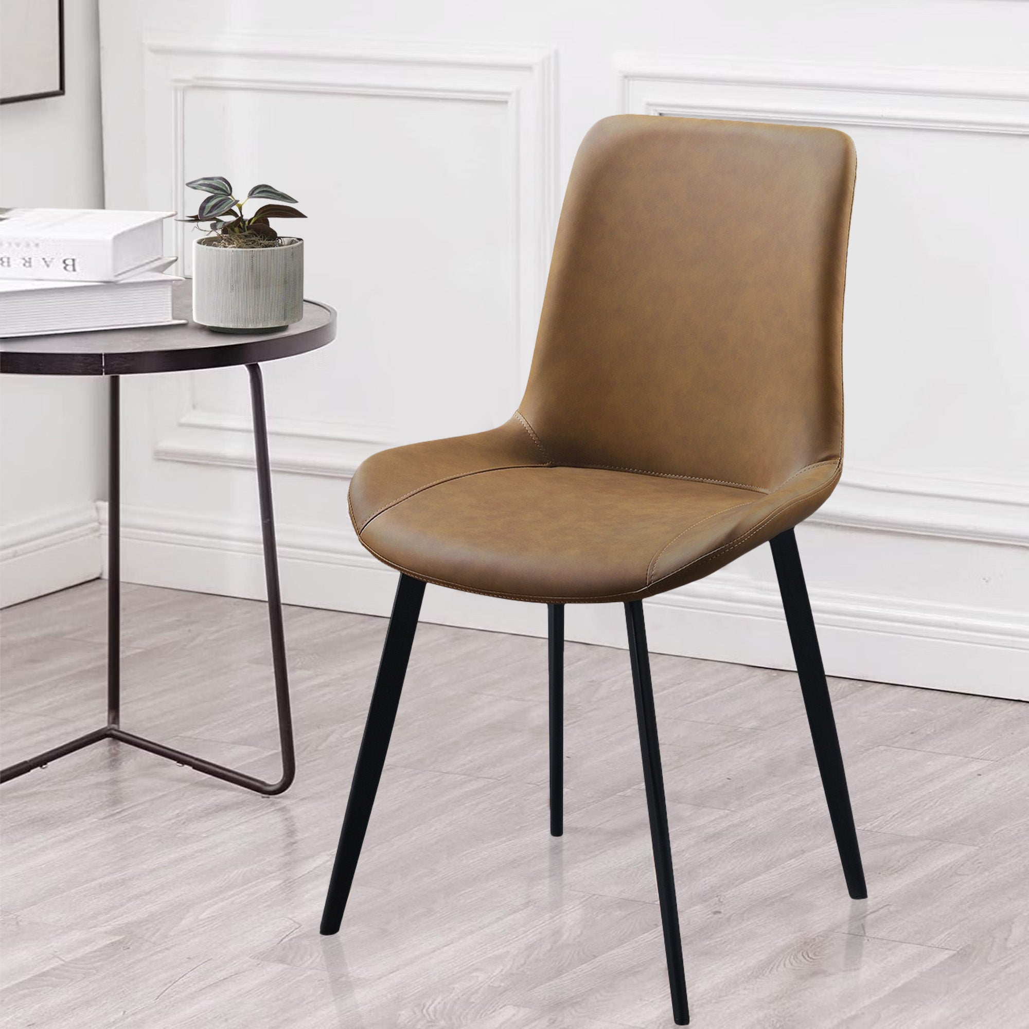 Benjara Eli 20 Inch Parson Style Dining Chair, Vegan Leather, Set of 2, Tan Brown