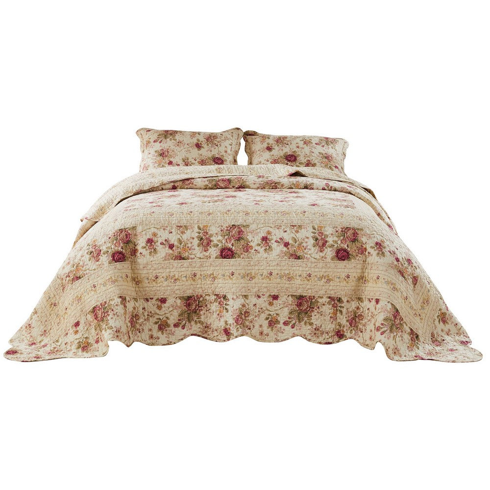 Benjara Rosle 3 Piece King Bedspread Set, Floral Print, Scalloped, Cream, Pink