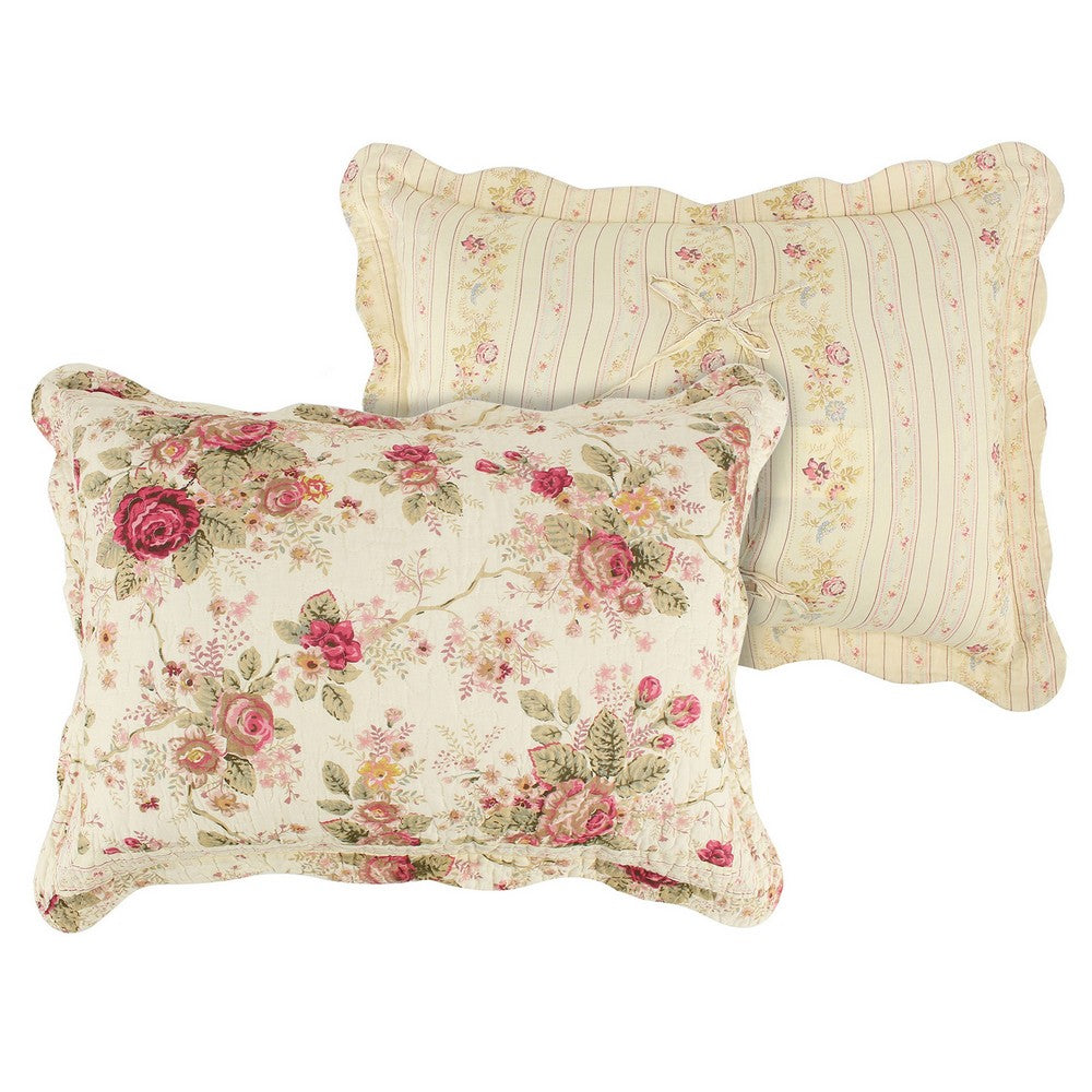 Benjara Rosle 3 Piece King Bedspread Set, Floral Print, Scalloped, Cream, Pink