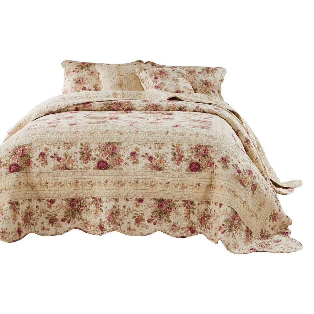 Benjara Rosle 3 Piece King Bedspread Set, Floral Print, Scalloped, Cream, Pink