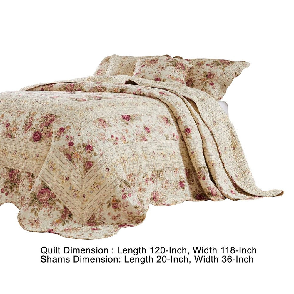 Benjara Rosle 3 Piece King Bedspread Set, Floral Print, Scalloped, Cream, Pink