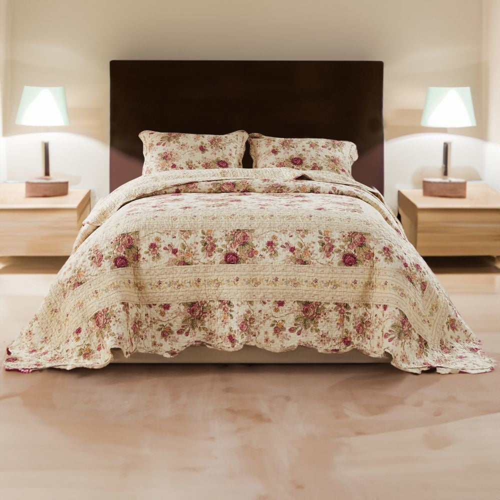 Benjara Rosle 3 Piece King Bedspread Set, Floral Print, Scalloped, Cream, Pink